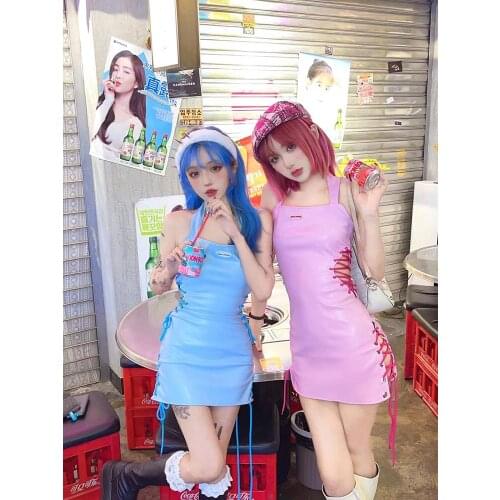Original design blue pink faux leather slip dress hollow out lace up bodycon mini dress hot girls punk cute y2k dress mujer