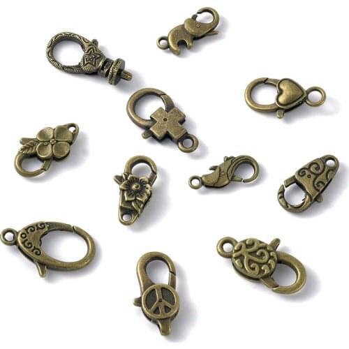 Pandahall 30pcs Lobster Clasps Hooks End Clasp Connectors for Jewelry Necklace Findings Antique Bronze Color 15 Styles