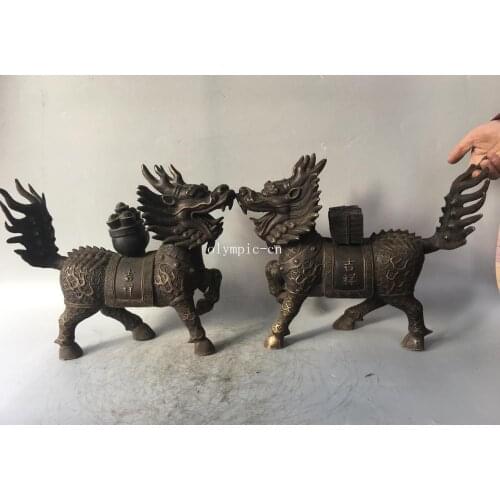 Pair 16''bronze carved home fengshui auspicious animal wealth dragon kylin