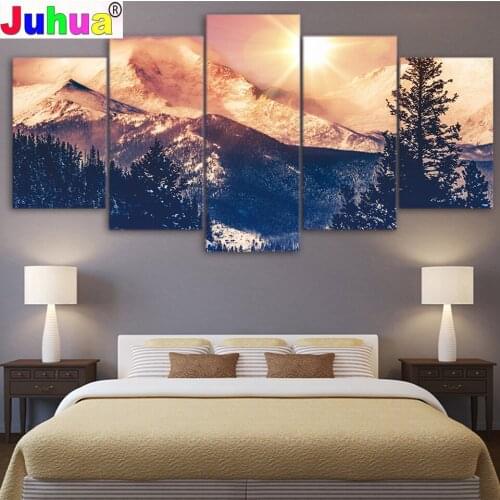 Full Square diamond painting cross stitch Dawn in Mountain landscape diamond embroidery 5 Piece set mosaic Diamond Home decor