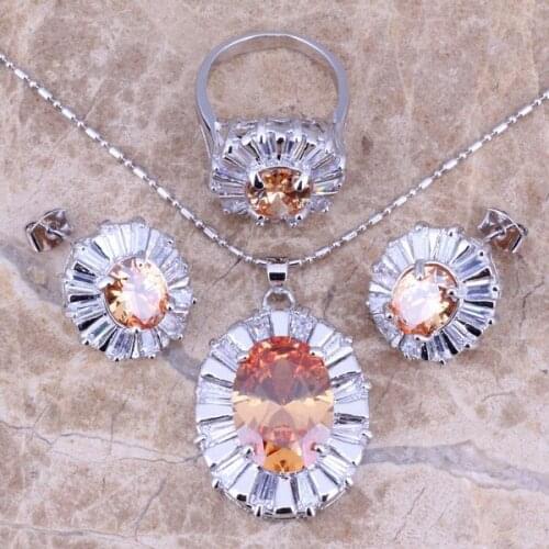 Champagne Morganite White CZ Silver Plated Jewelry Sets Earrings Pendant Ring Size 6 7 8 9 10 S0055