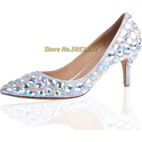 Crystal High Heel 6.5 cm Wedding Shoes Women Slip On Sexy Pointed Toe Ladies Studded Pumps Rhinestone Dress Party Shoes