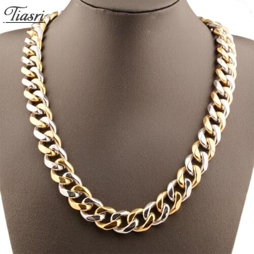 Tiasri 17mm Heavy Mens Necklace Bracelet Gothic Cuban Link Chain Collar Choker Stainless Steel Jewelry Punk Hip-Hop Male Gift