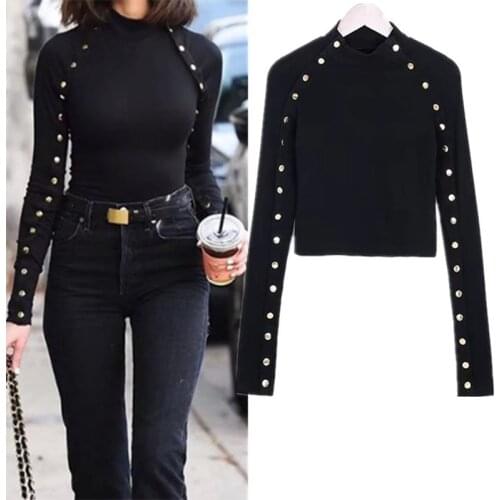 Spring Autumn 2019 Women T-Shirts Short Tops Cropped Long Sleeve Buttons Solid Sexy Tops Tees Women Casual Slim Cotton Crop Tees