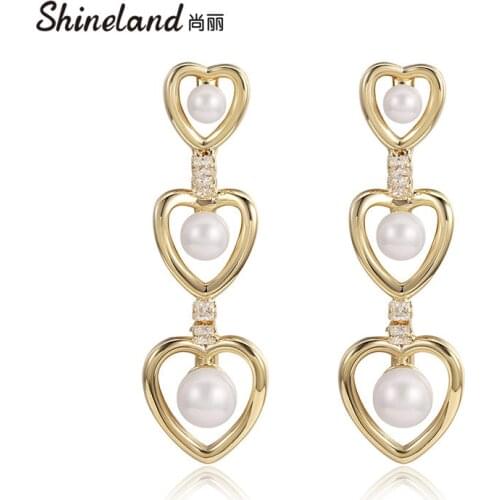 Shineland Long Tassel Heart Simulated Pearl Drop Dangle Earrings For Women Gift Bijoux Korean Trendy Jewelry Pendientes Brincos