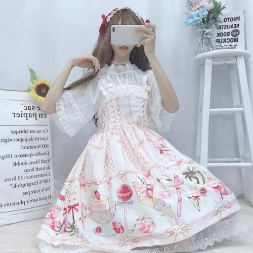 Japanese JSK Lolita Dress Women Summer Dress Sweet Soft Girl Cute Cartoon Lolita Suspender Dress Kawaii Clothing Lolita Skirt
