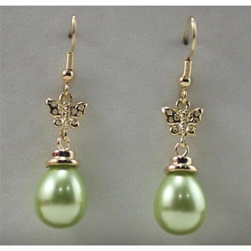 Womens fashion style metal plated butterfly accessories 12x16mm emerald green water drop Shell Pearl Earrings