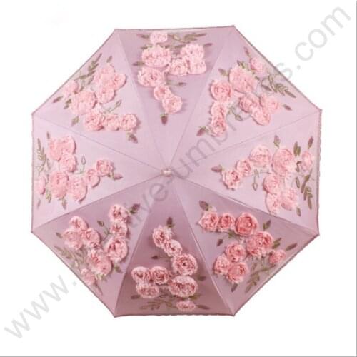 Two fold drag spring Peony embroidery umbrellas 5 times black coating UPF>50+ stong anti-UV ladies' princess flower lace parasol