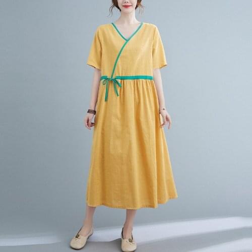 Women Summer Cotton Linen Casual Dress New Arrival 2021 Vintage Style V-neck Solid Color Female A-line Long Dresses B532