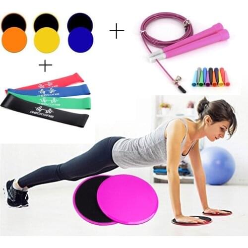 XC 2Pcs Gliding Discs Slider Fitness Disc Full Set Workout Equipment Including 4Level Resistance Bands Jumping Rope Glide Plates