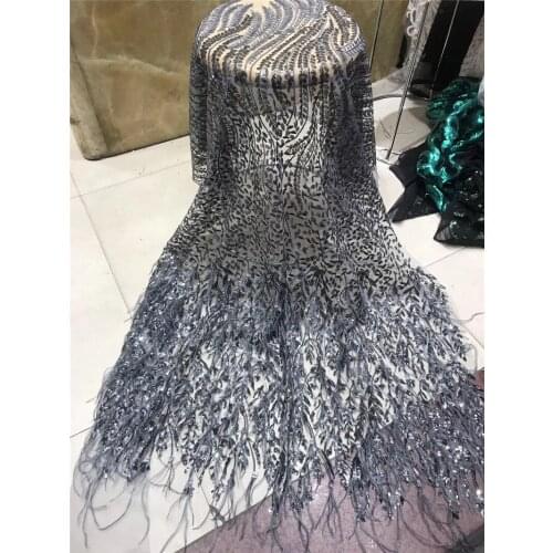 5yards african nigerian sequins lace fabric with feather high quality french net tulle lace fabric for wedding dress BZL-121929