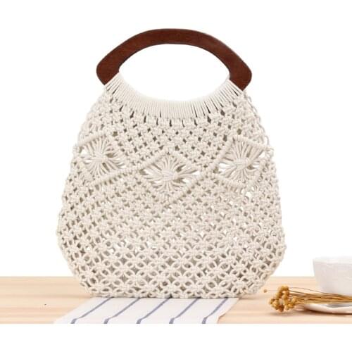 Aaby 2021Summer Fashion Wristlets Handbag Made Of Wooden High Quality Cotton Rope String Bag With Hollow Out Beach Bag For Gift