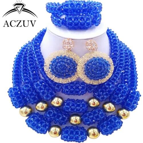 ACZUV Latest Blue African Beads Nigerian Wedding Engagement Jewelry Set for Women Big Earrings Necklace Bracelet D4R032