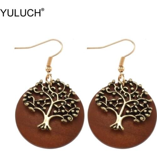 YULUCH Big Round Wood African Alloy Tree Black Wood Drop Earings Ethnic Dangle Hanging Boho Pendant Earrings For Women Jewelry