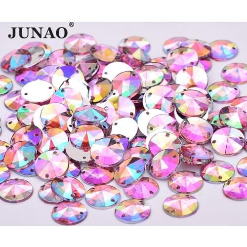 JUNAO 10mm Sewing Pink AB Rhinestones Appliques Acrylic Crystal Stones Flatback Round Scrapbook Beads For DIY Dress Needlework
