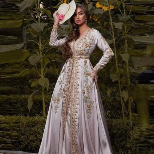 Moroccan Kaftan Caftan Muslim Evening Dresses A-line V-neck Long Sleeves Beading Dubai Arabic Turkey Abaya Islamic Evening Gown