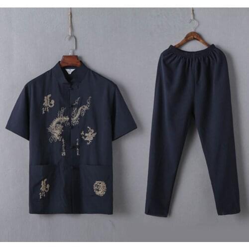 Male Chinese Traditional Costumes Set 2PCs Shirts+trousers Breathable Cotton Dragon Embroidery Men New Year Kung Fu Tang Suit