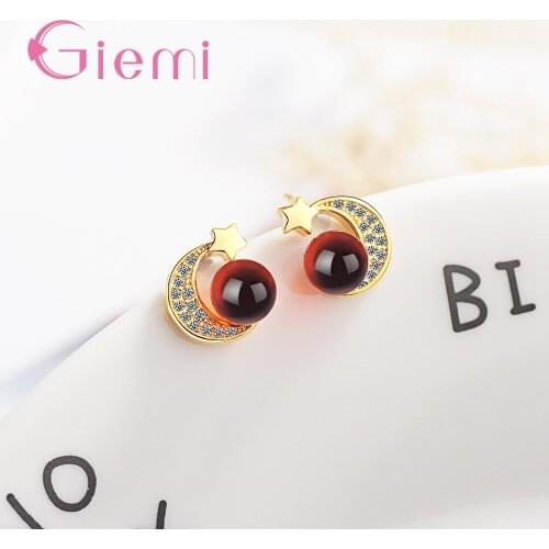 New Arrival Stud Earrings 925 Sterling Silver Gold Colour Romantic Moon Star Design Crystal Stone Best Gift For Women Girls