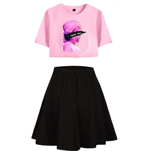 Vaporwave Skirt Two Piece I Need You Print T-shirt Sexy Crop T-shirt Skirt Sets Women Sweet Pink Fashion Suits Pleated Skirts