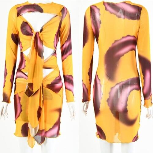 Summer Dress Y2K Aesthetics Printing Sexy Hollow Out Bandage Front Party Dresses Vintage O-Neck Transparent Long Sleeve Dress