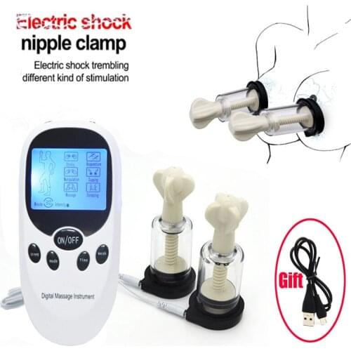 Electric Shock Nipple Sucker Vacuum Pump Electric Stimulation Nipple Clamps Breast Massage Stimulator Clit Clips Female Sex Toys