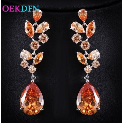 OEKDFN Luxury 925 Sterling Silver Earrings Pear Created Moissanite Ruby Gemstone Drop Dangle Wing Earrings Wedding Fine Jewelry