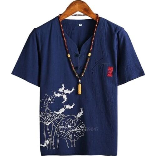 Traditional Chinese Clothing Men Japanese Style Lotus Flower Fish Pattern Printed Retro Solid Color V-neck Tang Suits Shirt Tops