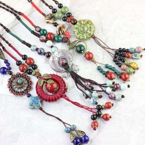 Vintage Womans Ethnic Style Sweater Chain Necklaces Flower Round Hand-Made Braided Rope Neck for Women Girl Festival Gift