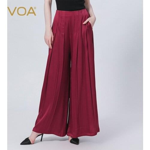 VOA Silk Fashion Loose Ladies Culottes Solid Wide Leg Pants Women Elegance Autumn Trousers 2021 Red Long Female Bottoms KE560