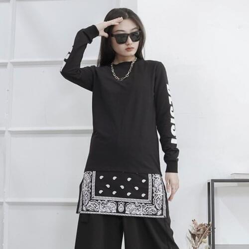 Long sleeve loose round neck print Street T-Shirt Top Black womens bottom top medium length large thick Yamamoto