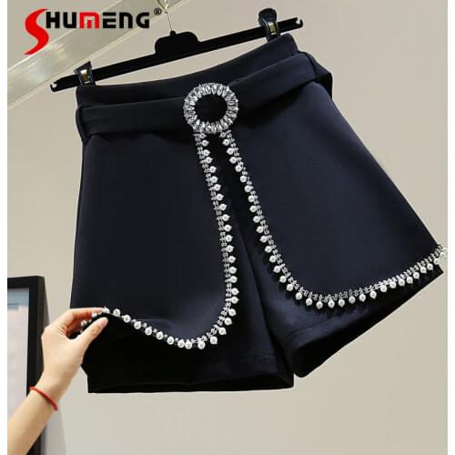 2021 Summer Women Beads Diamond A- Line Wide Leg Pants Korean High Waist Loose Fake Two Pieces Ladies Casual Short Pantskirt