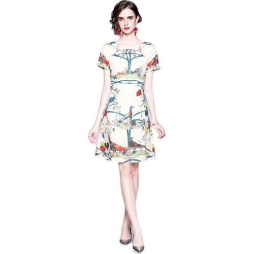 2021 New Women Dresses Office Lady A-LINE Printing Mid-Calf Women Dresses O-Neck Short Sleeve Elegant Party Night Summer Dresses