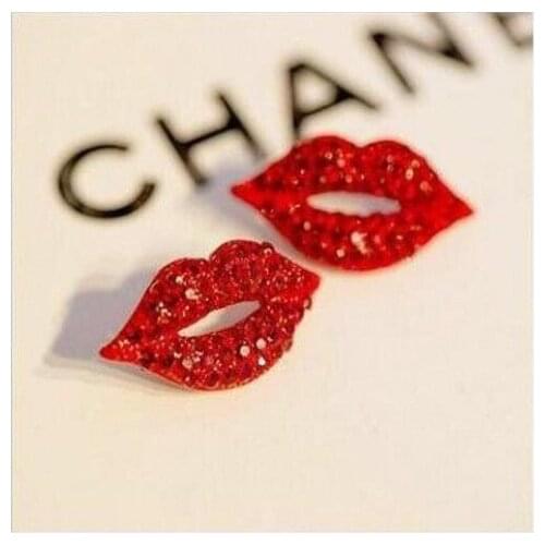 Hot Sale New 1Pair Elegant Sexy Red Lips Crystal Stud Earrings Womens Sparkling Earrings For Women Girls Fashion Jewelry