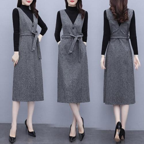 Plus Size Womens Vest Dress Set Autumn 2021 New Slim Fashion Waistcoat Dress + Bottoming Shirt Two Piece Suit For Office M206