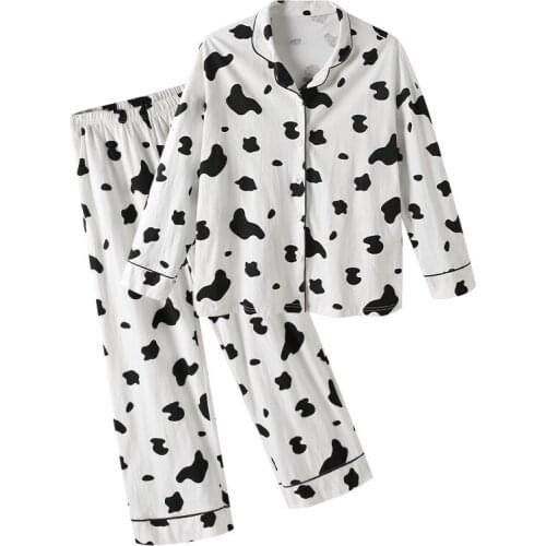 2 Pieces Women Pajamas Sets Cow Print Sleepwear Suit Cartoon Cute Homewear Cotton Nightwear Winter Female Plus Size Home Clothes