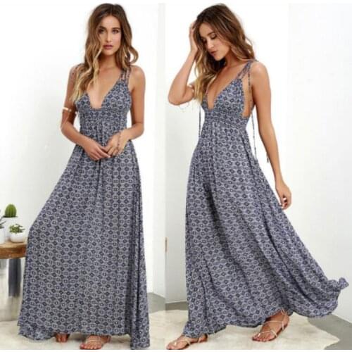 Vintage Sexy Women Chiffon Long Dress Floral Print V Neck Sleeveless Party Dresses Boho Maxi Printing Summer Beach Sundress
