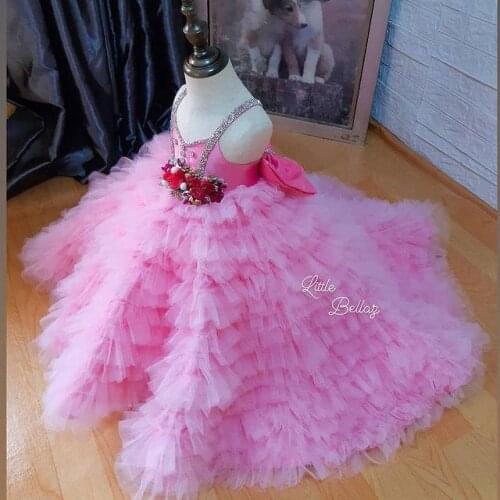 2021 Luxurious Pink Crystals Flower Girl Dresses Ball Gown Tiers Tulle Little Kids Birthday Pageant Wedding Gowns