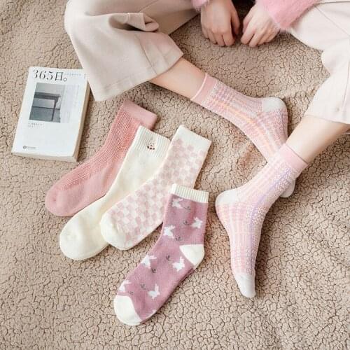 3 Pair/set Winter Women Pink Socks Cartoon Bunny Autumn Cotton Socks Breathable Keep Warm Floor Anti-skid Girls Socks
