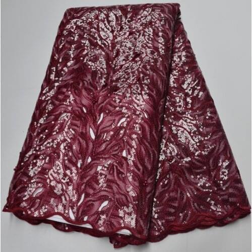 5yards/pc) High quality wine color African handcut organza lace fabric with beads and fully sequins embroidery for dress POL155