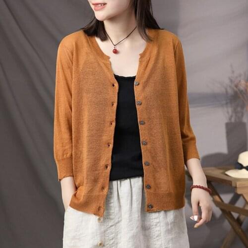 Cotton Linen Knitted Women Cardigan Summer New Solid Thin Slim Casual Female Outwear Coats Tops