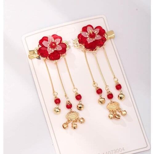 Chinese Traditional Headdress Step Shake Hair Clips Long Tassel Pendant Hair Pin Red Flower Headpeice Bride Wedding Accessory XH
