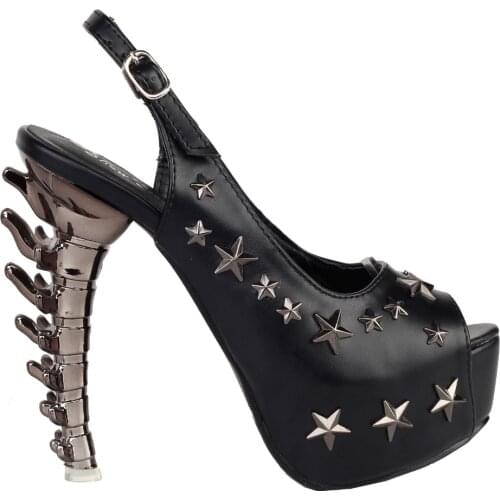 LF80633 Black Peeptoe Star Stud Sling Back Platform Bone Heel Pumps Size 4/5/6/7/8/9/10