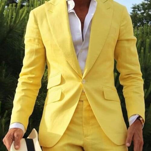 Summer Tailor Made Fashion Gentlemen Yellow Men Suits Slim Fit Groom Tuxedo For Wedding Dress Beach Party Costume (Jacket+Pants)