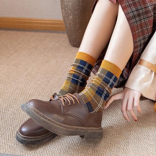 British Style Woman Socks High Quality Cotton Knitting Plaid Students Long Socks Harajuku Retro Japanese Kawaii Cute Crew Socks