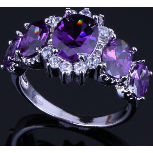 Fascinating Oval Purple Cubic Zirconia White CZ Silver Plated Ring V0412