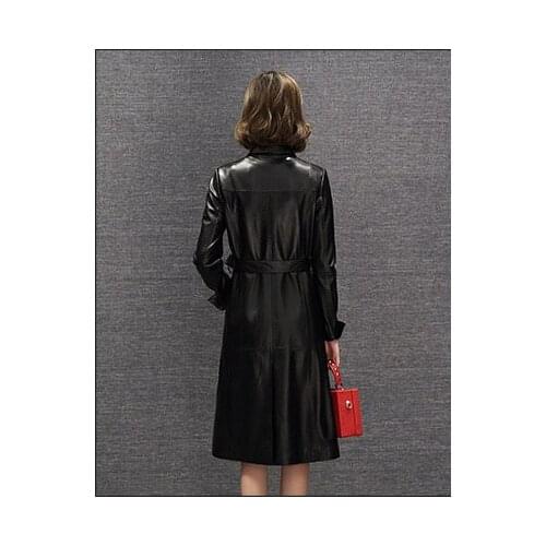 Autumn Women Geniune Leather jacket Plus Size New Fashion Long Slim Belt Sheep Leather Coats female Outwear LX939