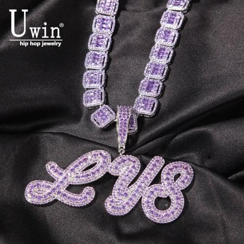 Uwin Purple Custom Brush Cursive Letter Pendant Name Necklace Baguettes Chain Micro Paved CZ Personalized Hiphop