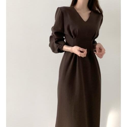 HziriP Solid Minimalist Maxi Dress women 2020 New Autumn Dress Fashion Elegant OL V-neck Long Sleeve Dresses Female Vestidos