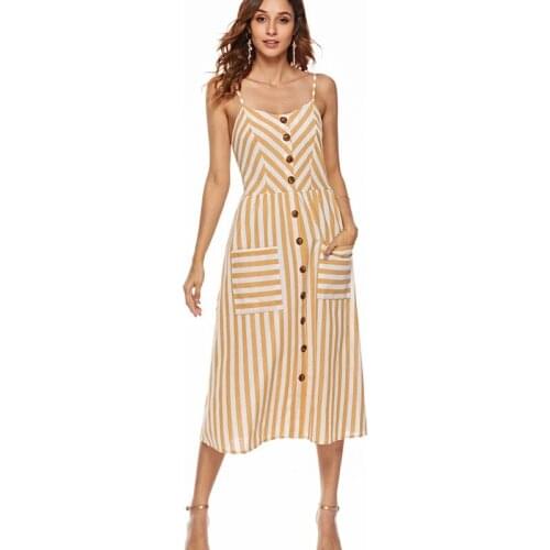 Button Striped Print Cotton Linen Casual Summer Dress Sexy Spaghetti Strap V-neck Off Shoulder Women Midi Dress Vestidos