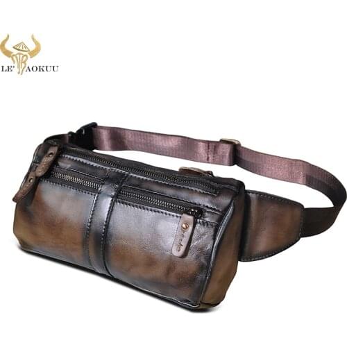 Natural Leather men Vintage Coffee Travel Crossbody Bag Design Fanny Waist Belt Bag Sling Chest Pack Phone Case 811-49